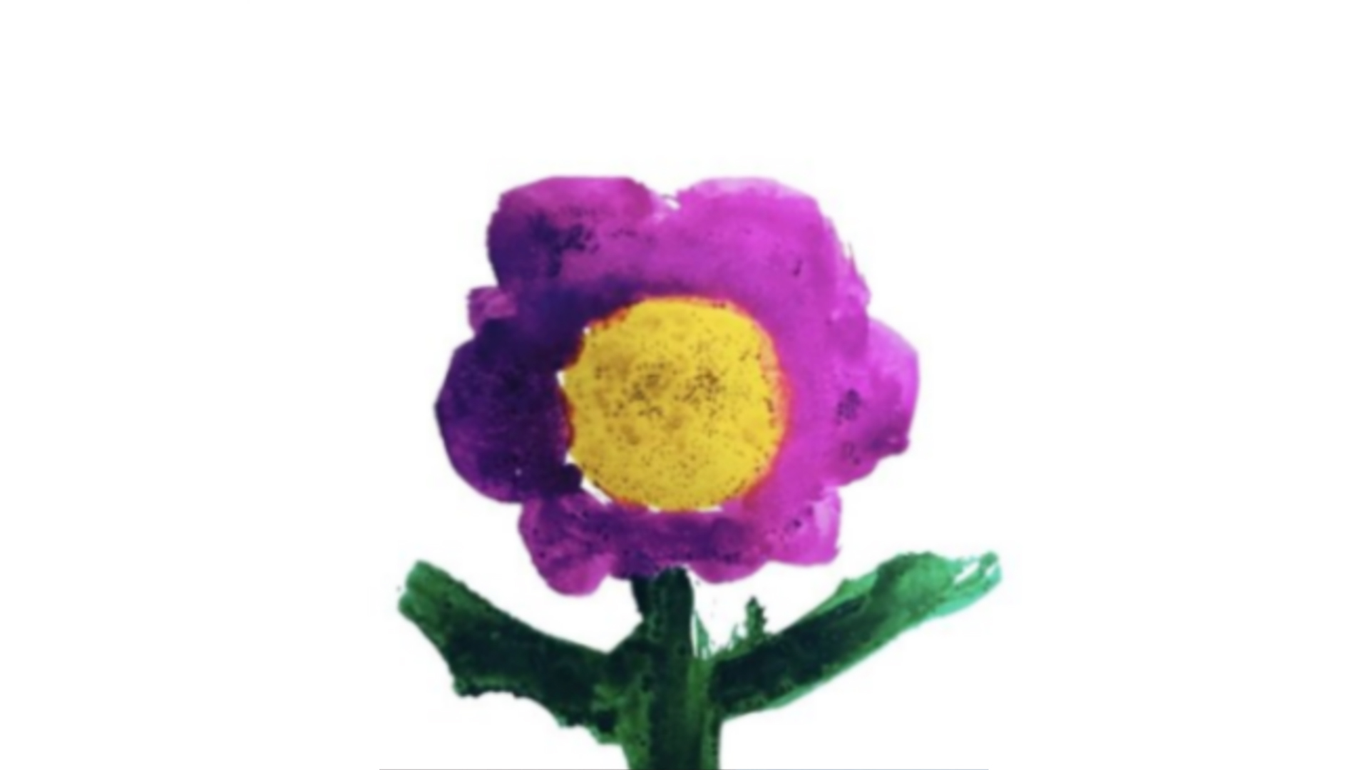 A painting of a purple flower with a yellow center sits on a dark green stalk with two branches.