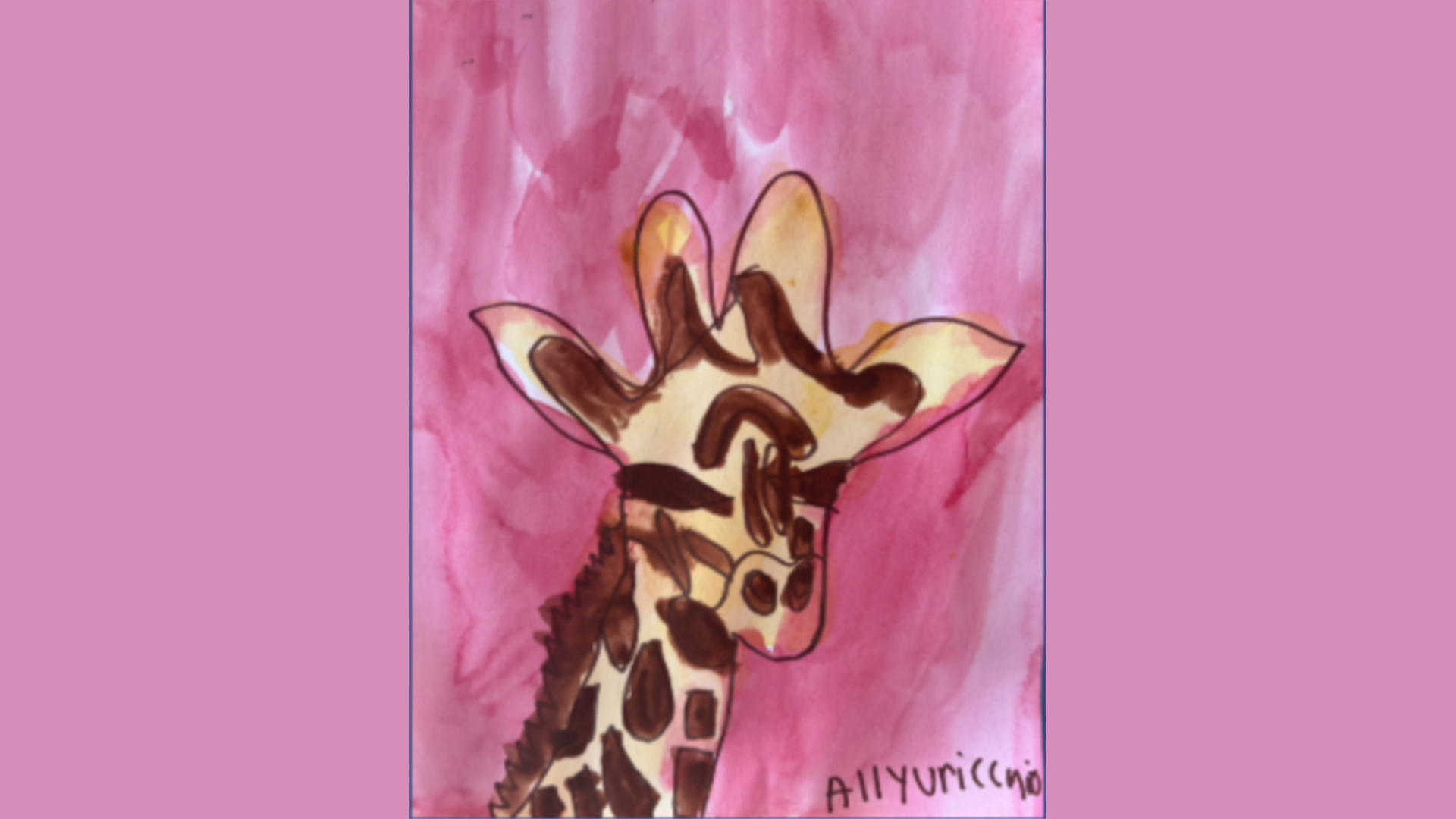 A giraffe, yellow with brown splotches, looks at us serenely against a dark magenta background.