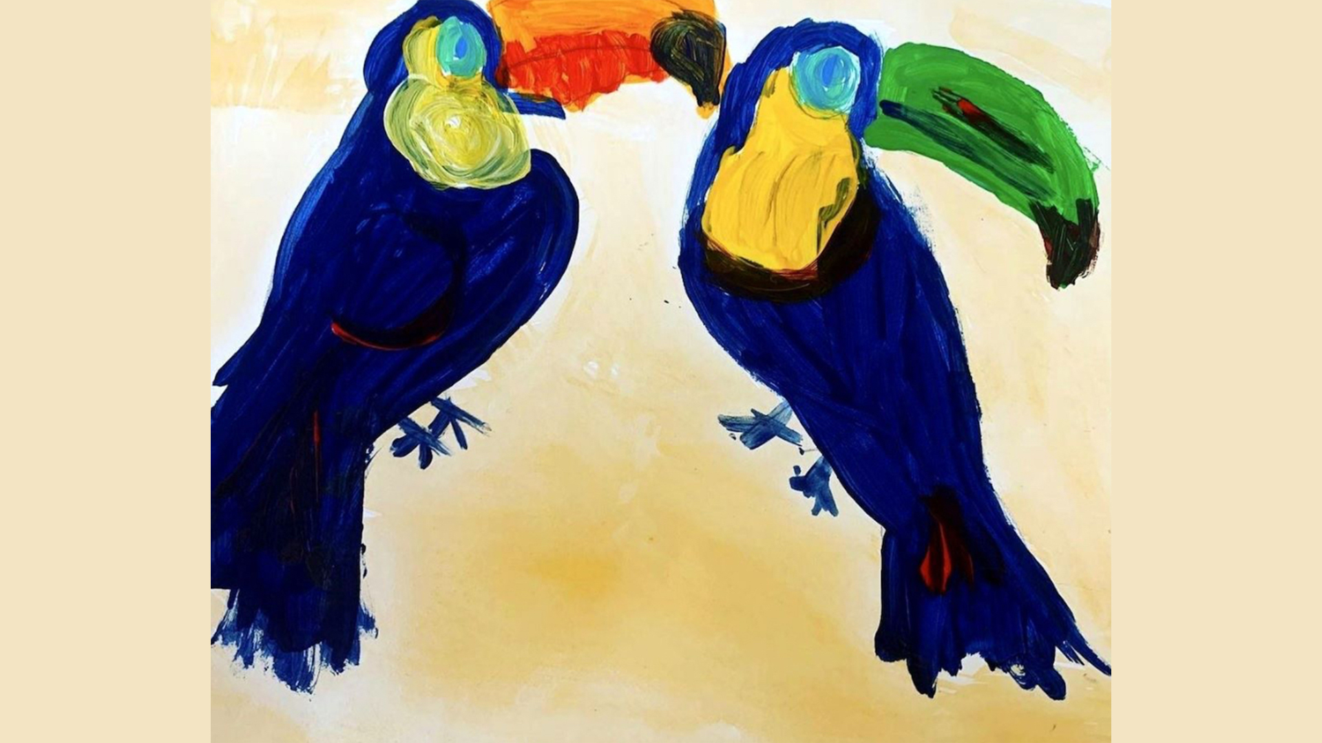 A painting of two toucans with blue bodies and yellow heads. One has an orange beak and the other a green beak. Both have bright blue eyes. They are painted on a pale yellow background.