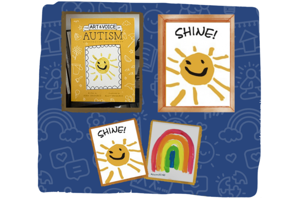 The Art & Voice of Autism book, Shine art print, and sunshine and rainbow note card set