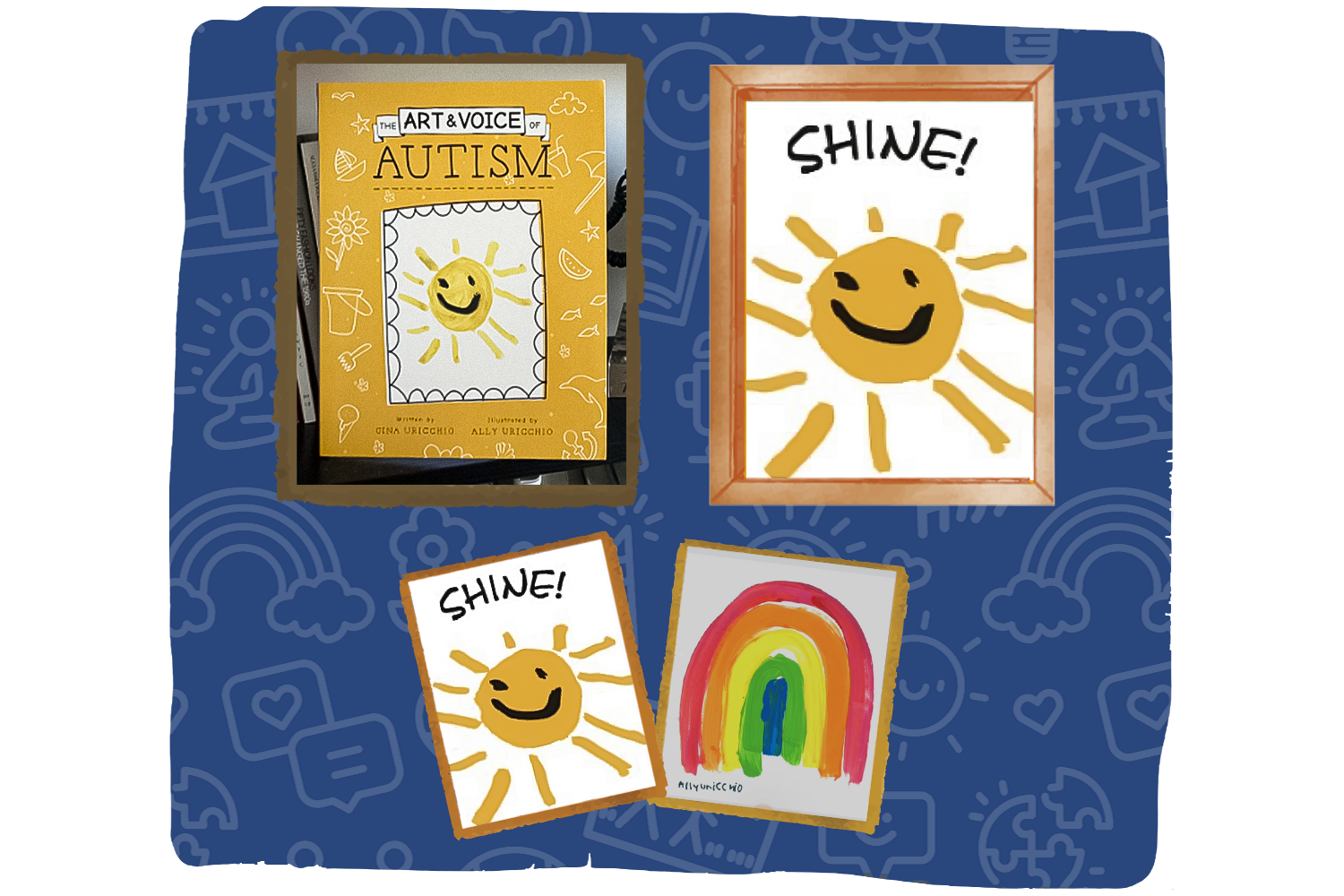 The Art & Voice of Autism book, Shine art print, and sunshine and rainbow note card set